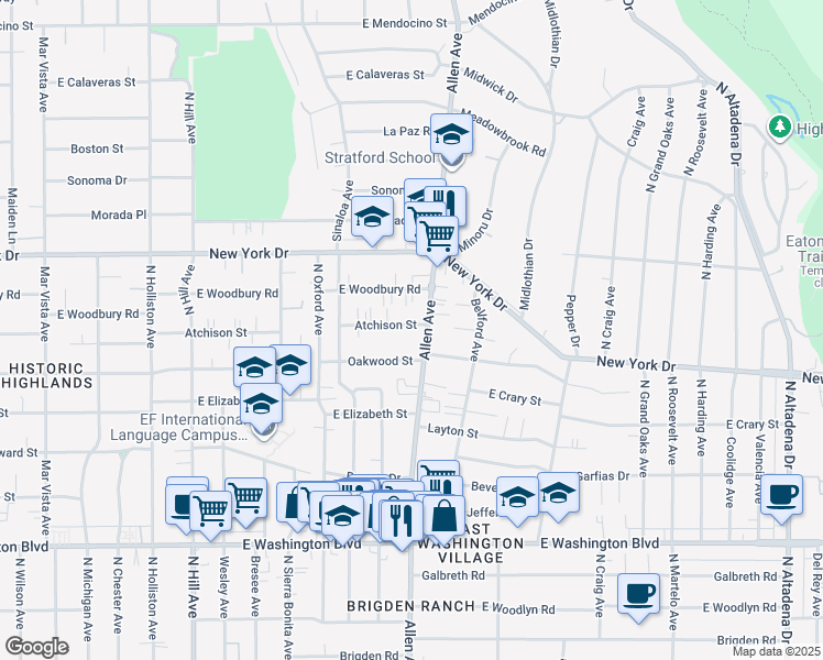 map of restaurants, bars, coffee shops, grocery stores, and more near 1820 Atchison Street in Pasadena