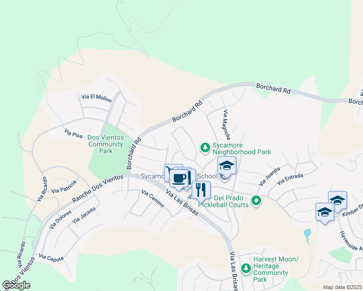 map of restaurants, bars, coffee shops, grocery stores, and more near 138 Via Katrina in Thousand Oaks