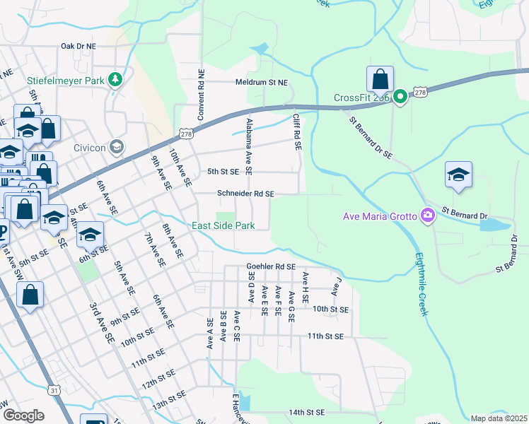 map of restaurants, bars, coffee shops, grocery stores, and more near 613 Avenue East Southeast in Cullman
