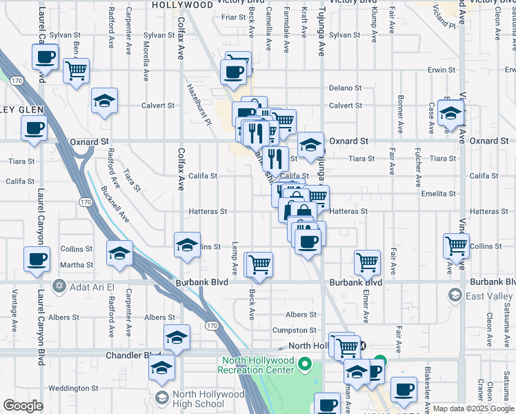 map of restaurants, bars, coffee shops, grocery stores, and more near 11523 Hatteras Street in Los Angeles