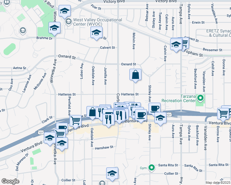 map of restaurants, bars, coffee shops, grocery stores, and more near 5803 Corbin Avenue in Los Angeles