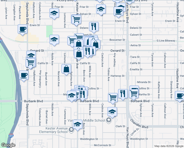 map of restaurants, bars, coffee shops, grocery stores, and more near 5806 Willis Avenue in Los Angeles