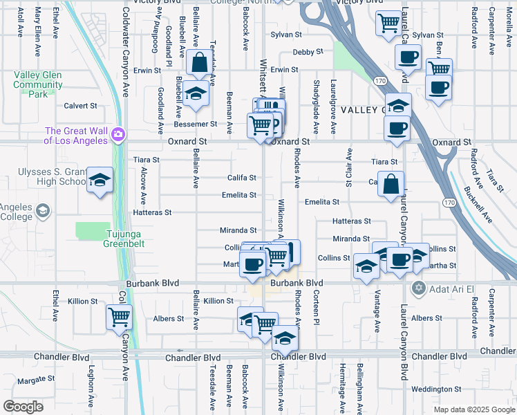 map of restaurants, bars, coffee shops, grocery stores, and more near 5805 Whitsett Avenue in Los Angeles