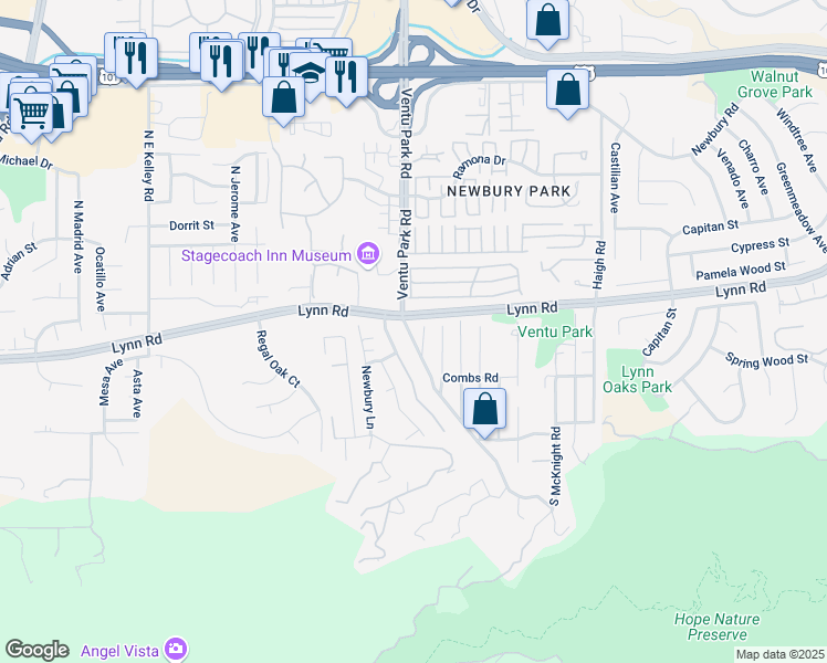 map of restaurants, bars, coffee shops, grocery stores, and more near 136 S Ventu Park Rd in Thousand Oaks