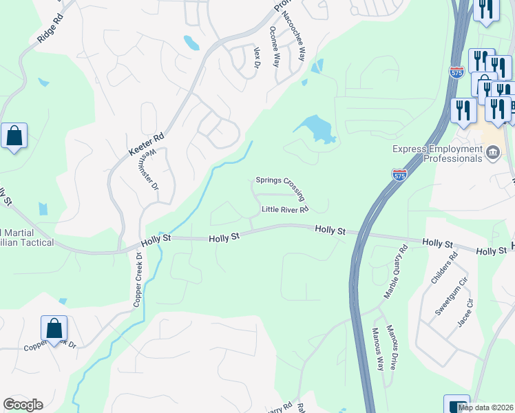 map of restaurants, bars, coffee shops, grocery stores, and more near 275 Springs Crossing in Canton