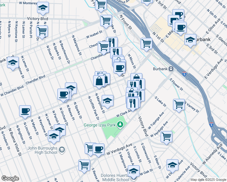 map of restaurants, bars, coffee shops, grocery stores, and more near 326 North Lomita Street in Burbank