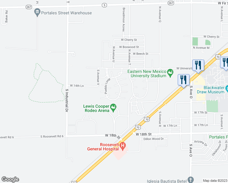 map of restaurants, bars, coffee shops, grocery stores, and more near 2156 San Miguel Court in Portales