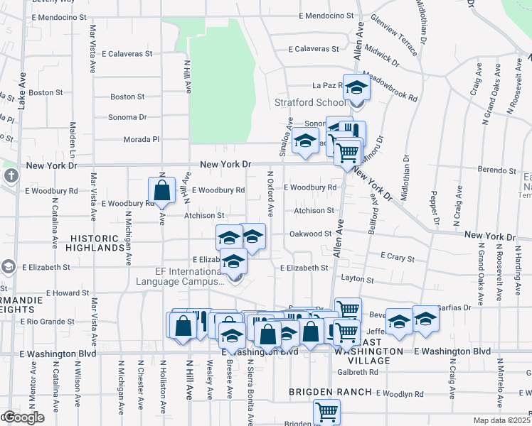 map of restaurants, bars, coffee shops, grocery stores, and more near 1743 North Oxford Avenue in Pasadena