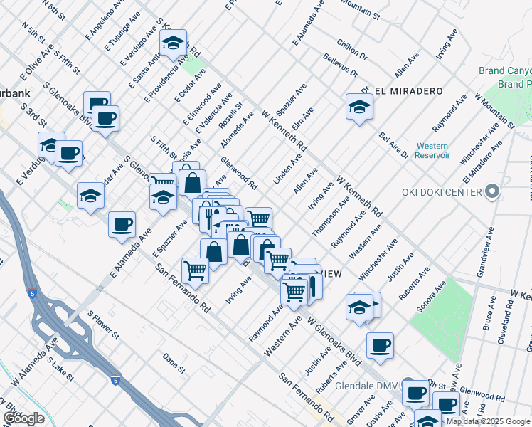map of restaurants, bars, coffee shops, grocery stores, and more near 1171 Allen Avenue in Glendale