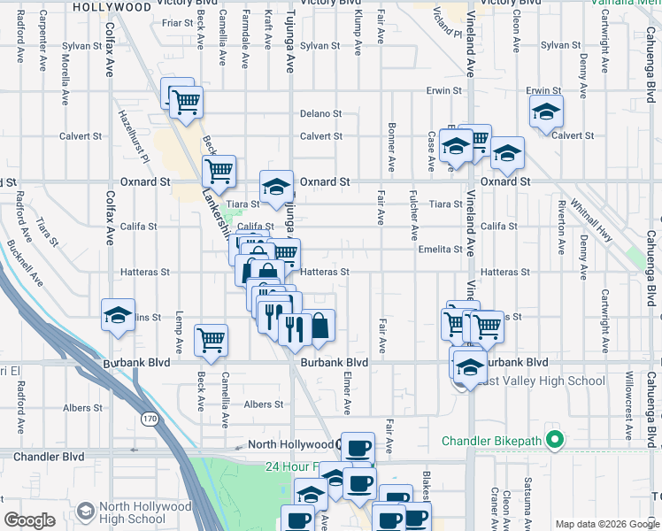 map of restaurants, bars, coffee shops, grocery stores, and more near 11311 Hatteras Street in Los Angeles