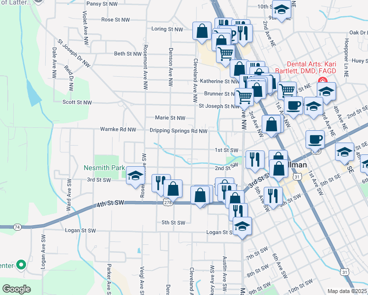 map of restaurants, bars, coffee shops, grocery stores, and more near 1303 1st Street Southwest in Cullman