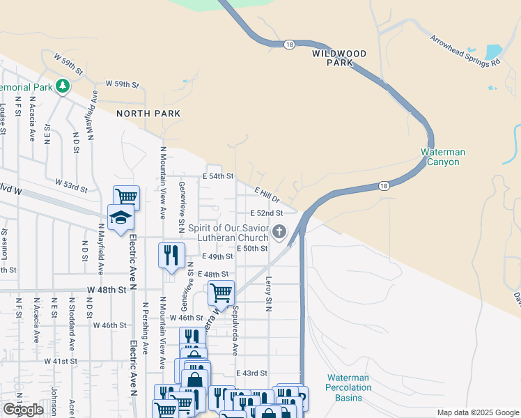 map of restaurants, bars, coffee shops, grocery stores, and more near 240 East 52nd Street in San Bernardino