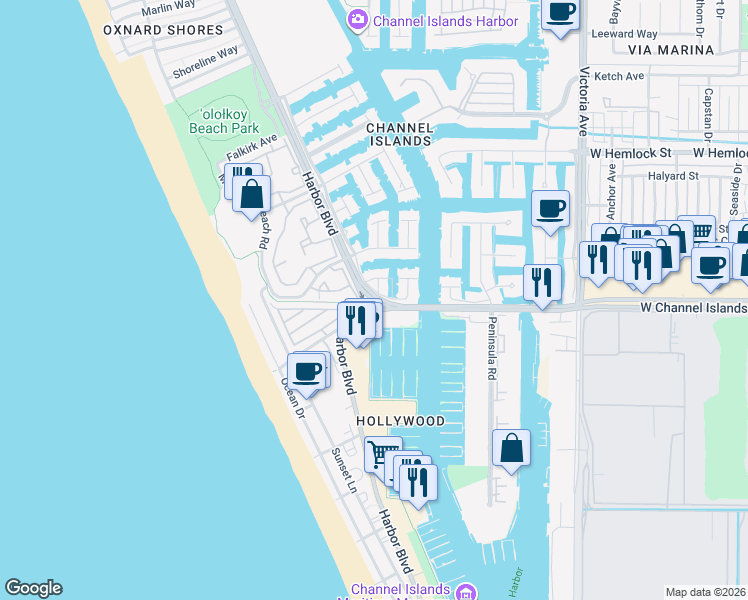 map of restaurants, bars, coffee shops, grocery stores, and more near 2833 Harbor Boulevard in Oxnard