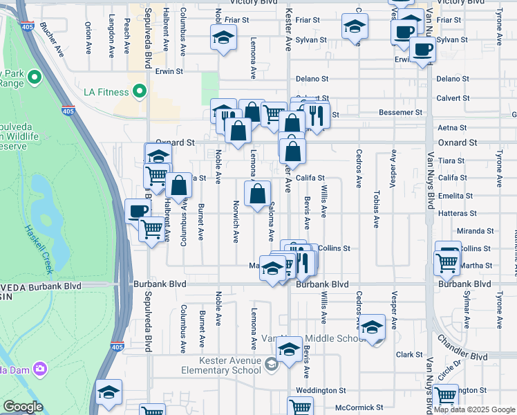 map of restaurants, bars, coffee shops, grocery stores, and more near 5806 Lemona Avenue in Los Angeles