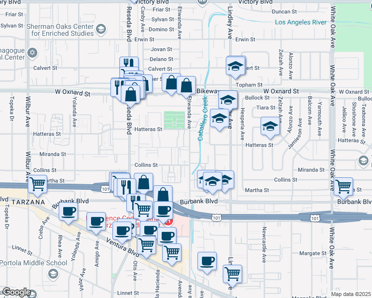 map of restaurants, bars, coffee shops, grocery stores, and more near 5731 Etiwanda Avenue in Los Angeles