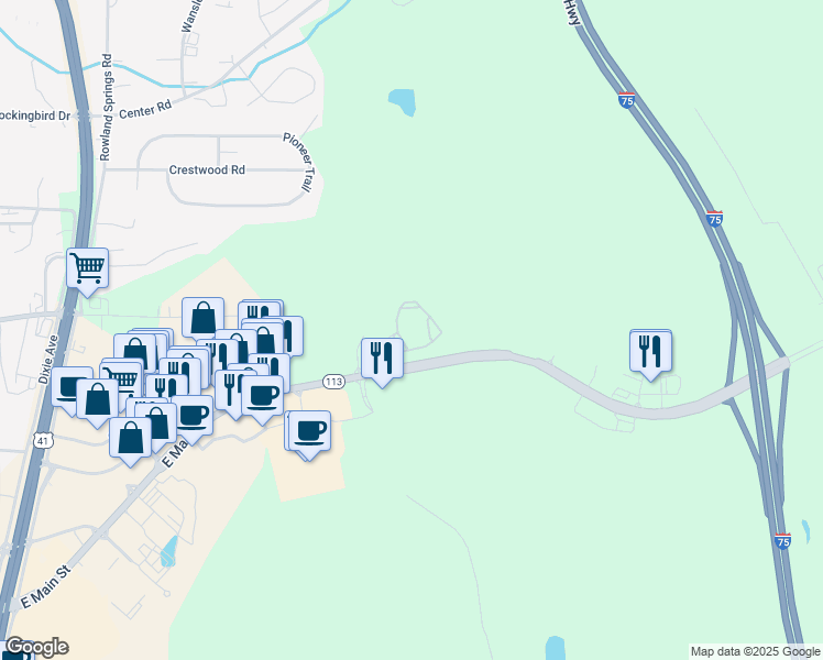 map of restaurants, bars, coffee shops, grocery stores, and more near 950 East Main Street in Cartersville