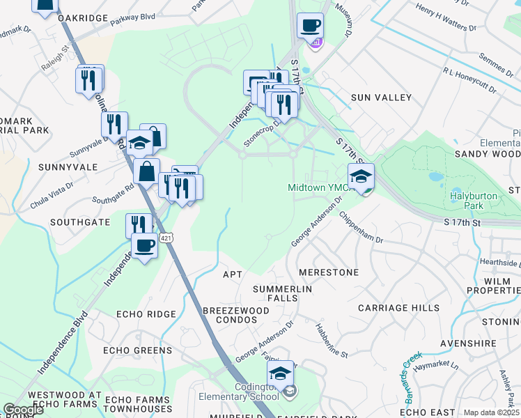 map of restaurants, bars, coffee shops, grocery stores, and more near Chippenham Drive in Wilmington