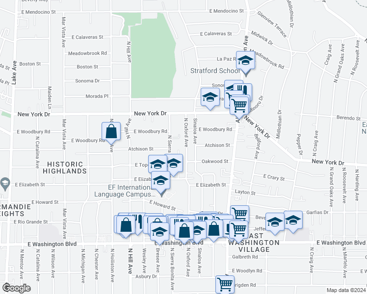 map of restaurants, bars, coffee shops, grocery stores, and more near 1743 North Oxford Avenue in Pasadena