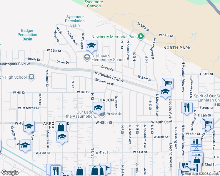map of restaurants, bars, coffee shops, grocery stores, and more near 682 West 52nd Street in San Bernardino