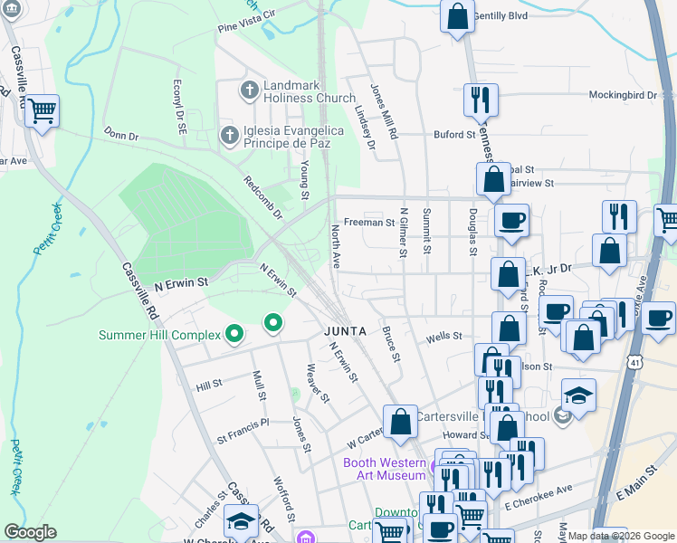 map of restaurants, bars, coffee shops, grocery stores, and more near 0 Martin Luther King Junior Drive in Cartersville