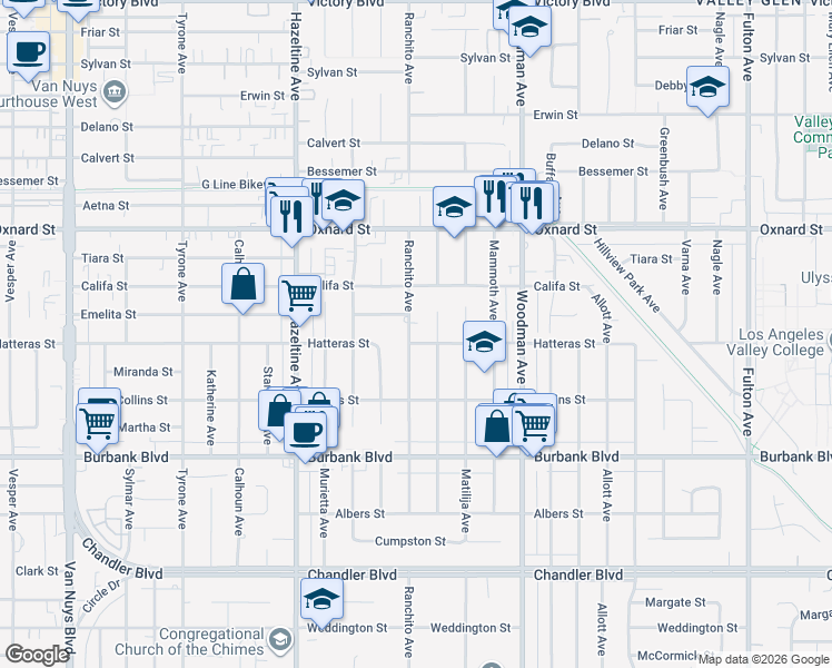 map of restaurants, bars, coffee shops, grocery stores, and more near 5806 Ranchito Avenue in Los Angeles