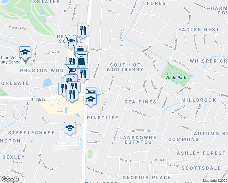 map of restaurants, bars, coffee shops, grocery stores, and more near 4705 Waltmoor Road in Wilmington