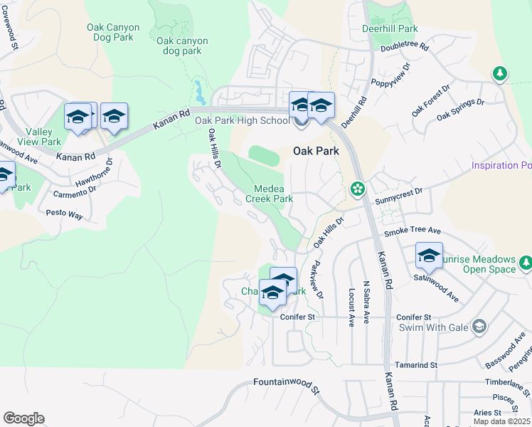 map of restaurants, bars, coffee shops, grocery stores, and more near Oak Hills Drive in Oak Park