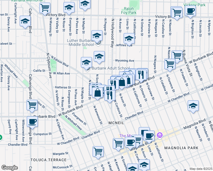map of restaurants, bars, coffee shops, grocery stores, and more near 1434 North Pepper Street in Burbank