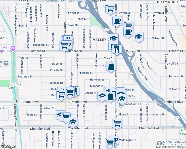 map of restaurants, bars, coffee shops, grocery stores, and more near 12244 Emelita Street in Los Angeles
