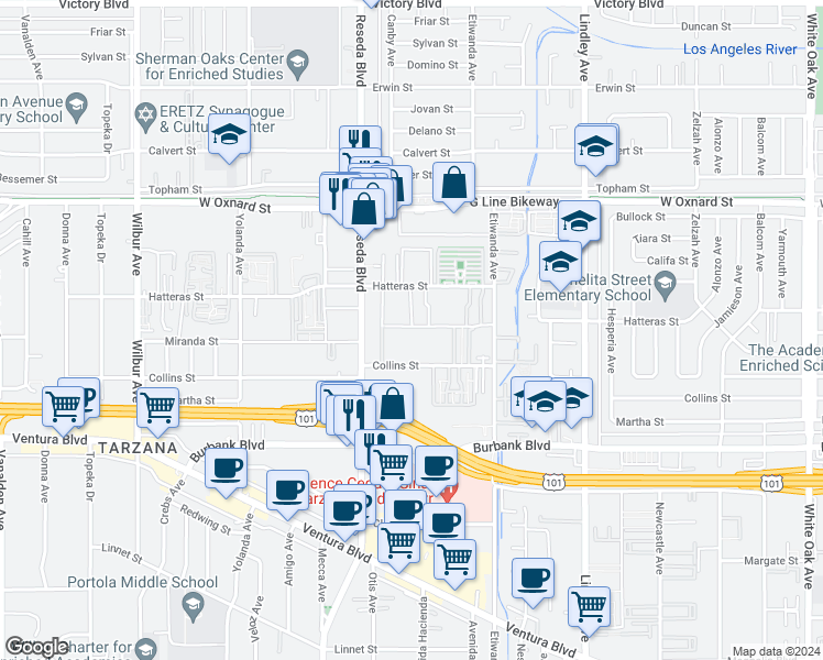 map of restaurants, bars, coffee shops, grocery stores, and more near 18415 Collins Street in Los Angeles