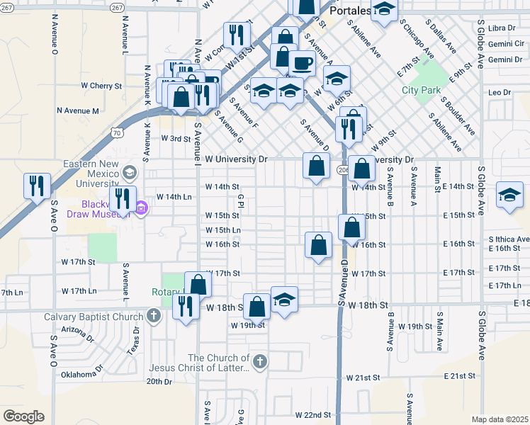 map of restaurants, bars, coffee shops, grocery stores, and more near 700 West 15th Street in Portales