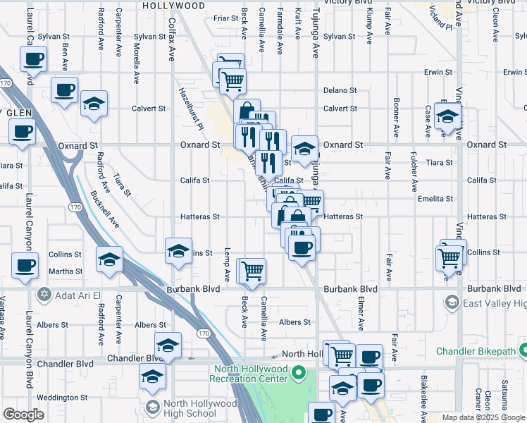 map of restaurants, bars, coffee shops, grocery stores, and more near 11523 Hatteras Street in Los Angeles