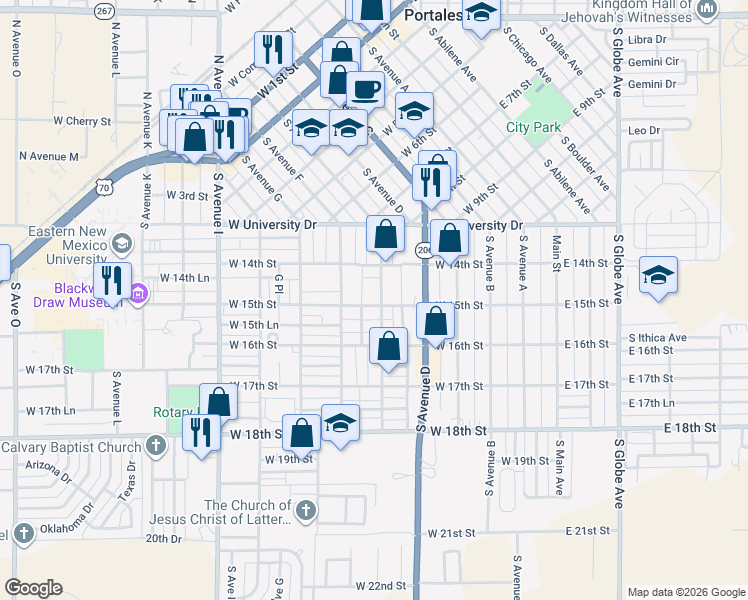 map of restaurants, bars, coffee shops, grocery stores, and more near 514 West 15th Street in Portales