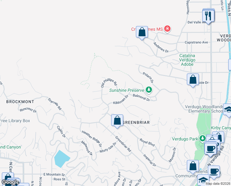 map of restaurants, bars, coffee shops, grocery stores, and more near 1186 Old Phillips Road in Glendale