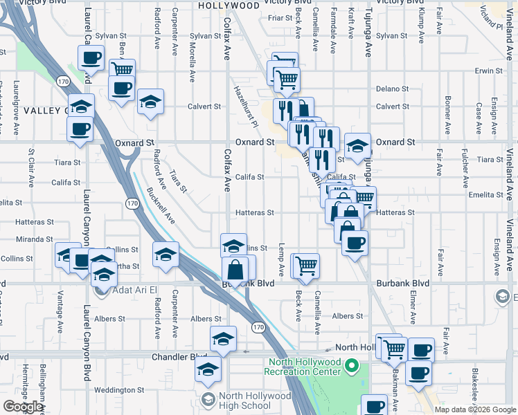 map of restaurants, bars, coffee shops, grocery stores, and more near 5809 Irvine Avenue in Los Angeles