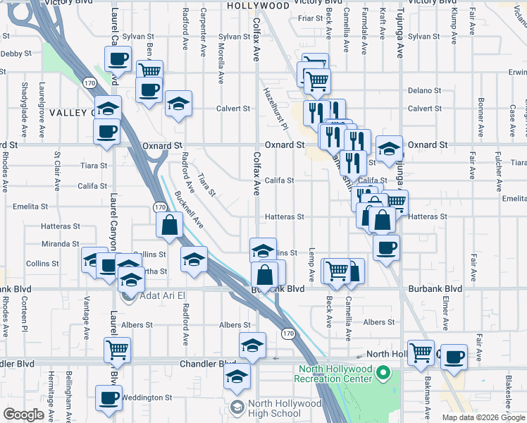 map of restaurants, bars, coffee shops, grocery stores, and more near 5802 Colfax Avenue in Los Angeles
