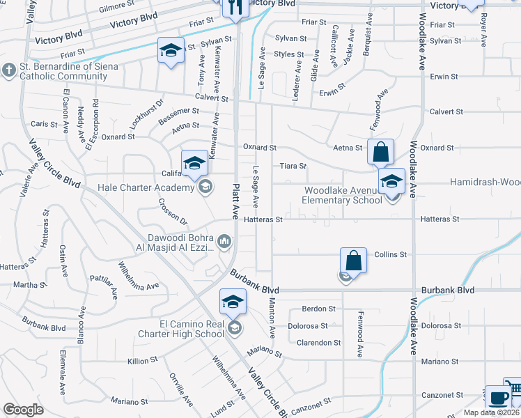 map of restaurants, bars, coffee shops, grocery stores, and more near 5811 Manton Avenue in Los Angeles