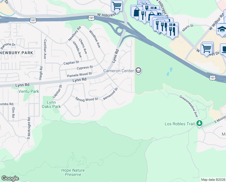 map of restaurants, bars, coffee shops, grocery stores, and more near 608 Kenwood Street in Thousand Oaks