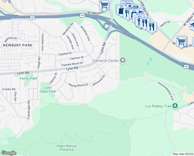 map of restaurants, bars, coffee shops, grocery stores, and more near 659 Blue Oak Avenue in Thousand Oaks