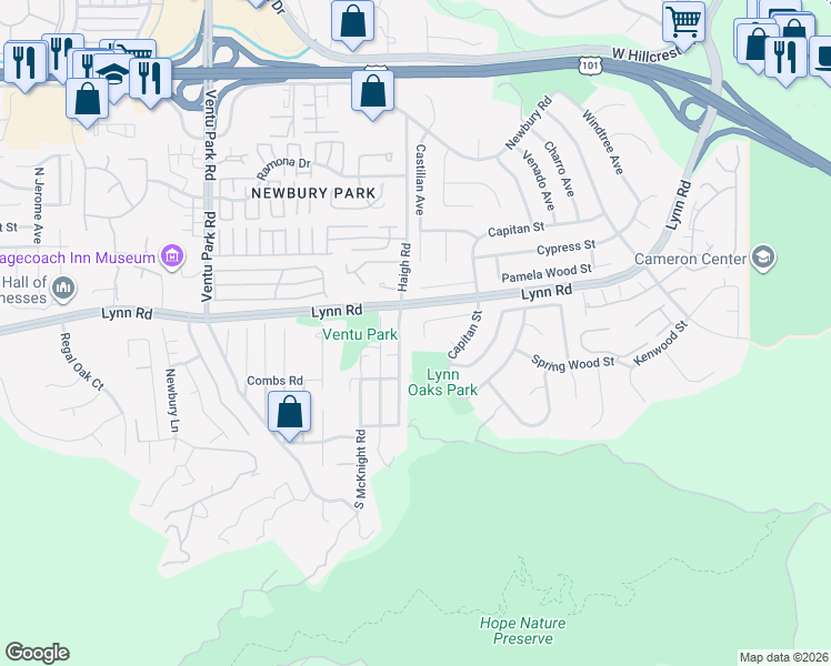 map of restaurants, bars, coffee shops, grocery stores, and more near 142 Heavenly Valley Road in Ventura County