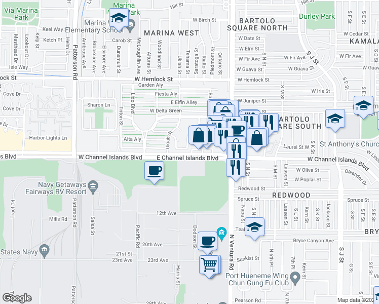 map of restaurants, bars, coffee shops, grocery stores, and more near 2556 Neptune Place in Port Hueneme