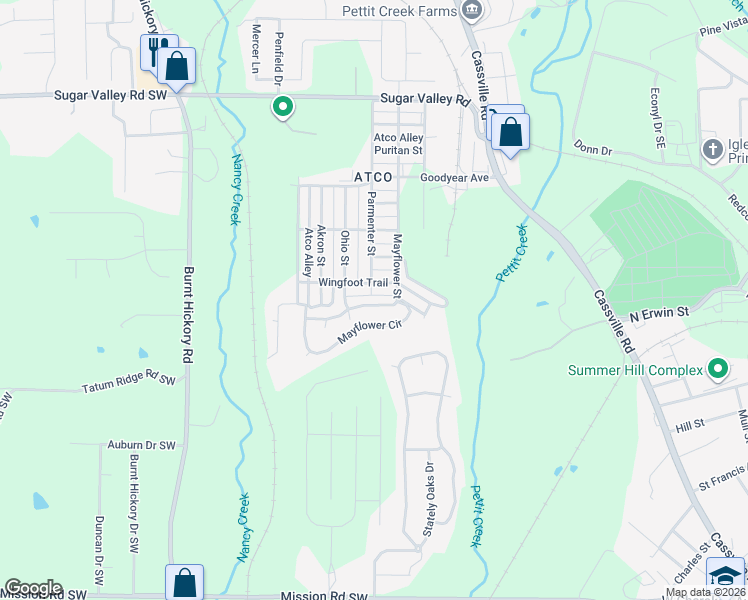 map of restaurants, bars, coffee shops, grocery stores, and more near 105 Mayflower Street in Cartersville
