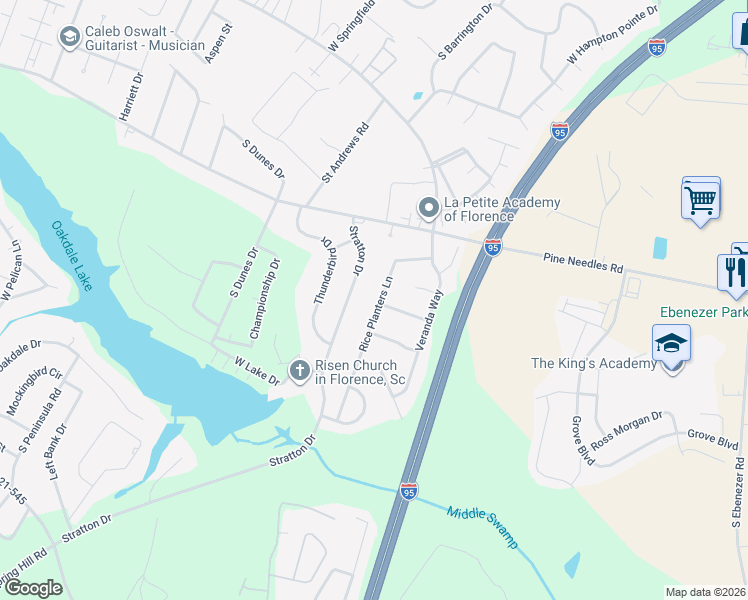 map of restaurants, bars, coffee shops, grocery stores, and more near 937 Rice Planters Lane in Florence
