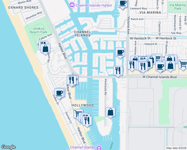 map of restaurants, bars, coffee shops, grocery stores, and more near 2565 Greencastle Court in Oxnard
