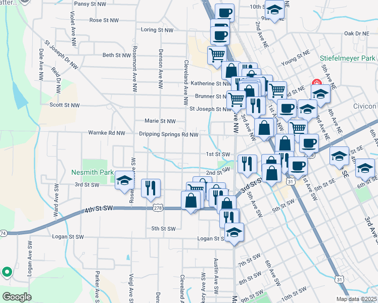 map of restaurants, bars, coffee shops, grocery stores, and more near 1209 1st Street Southwest in Cullman