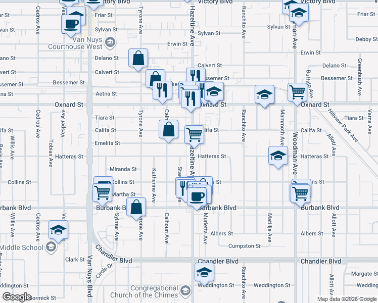 map of restaurants, bars, coffee shops, grocery stores, and more near 5809 Hazeltine Avenue in Los Angeles