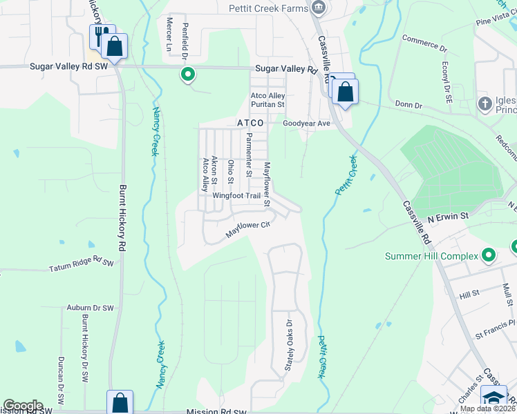 map of restaurants, bars, coffee shops, grocery stores, and more near 105 Mayflower Street in Cartersville