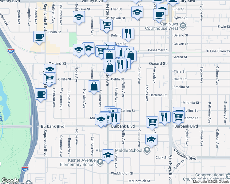 map of restaurants, bars, coffee shops, grocery stores, and more near 5801 Kester Avenue in Los Angeles