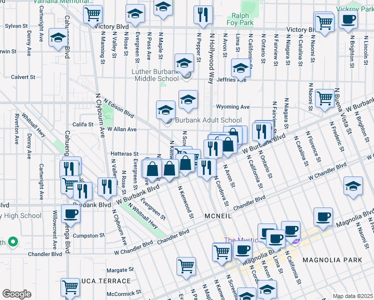 map of restaurants, bars, coffee shops, grocery stores, and more near 1441 North Edison Boulevard in Burbank