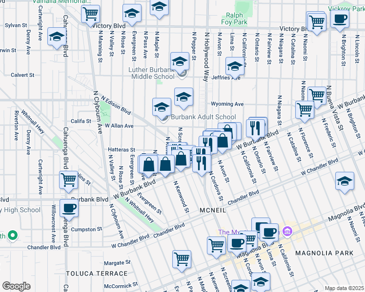 map of restaurants, bars, coffee shops, grocery stores, and more near 1441 North Edison Boulevard in Burbank